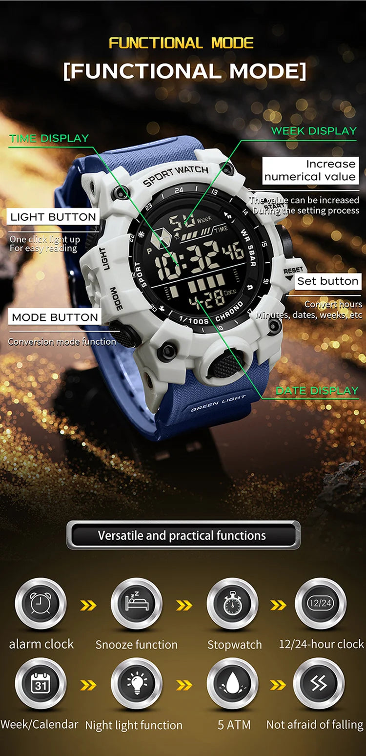 SANDA 6229 Digital Watches for Men Waterproof Luminous Outdoor Sports Watch Fashion Clock Simple Multifunction Male Wristwatch