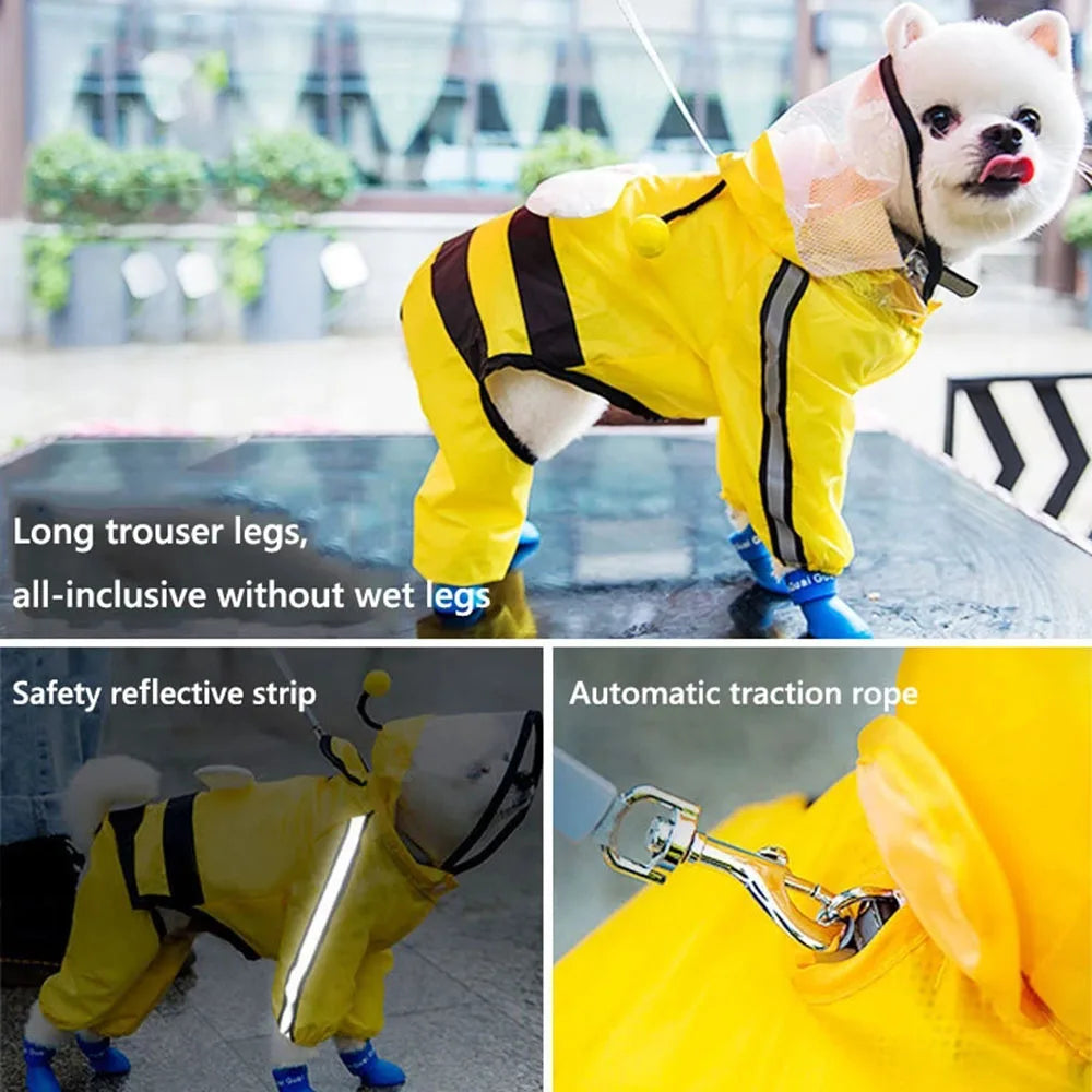 Cute Bear Shape Dog Raincoat Puppy Rain Jacket Full Body Coverage with Hat Reflective Double Layered Waterproof Dog Hooded Cloak