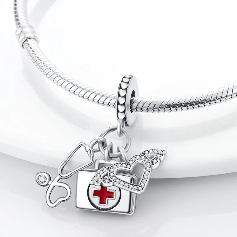 Original 925 Sterling Silver Medicine Cabinet Stethoscope Charms Pendant Beads Fit S925 Bracelet Fine DIY Jewelry Making