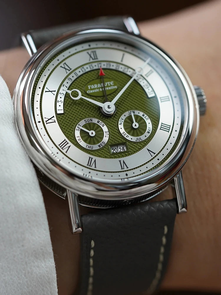FARASUTE Men's Mechanical Watch Flyback Function Seagull Movement Month Display Week Display Calendar YearDisplay Sapphire Watch