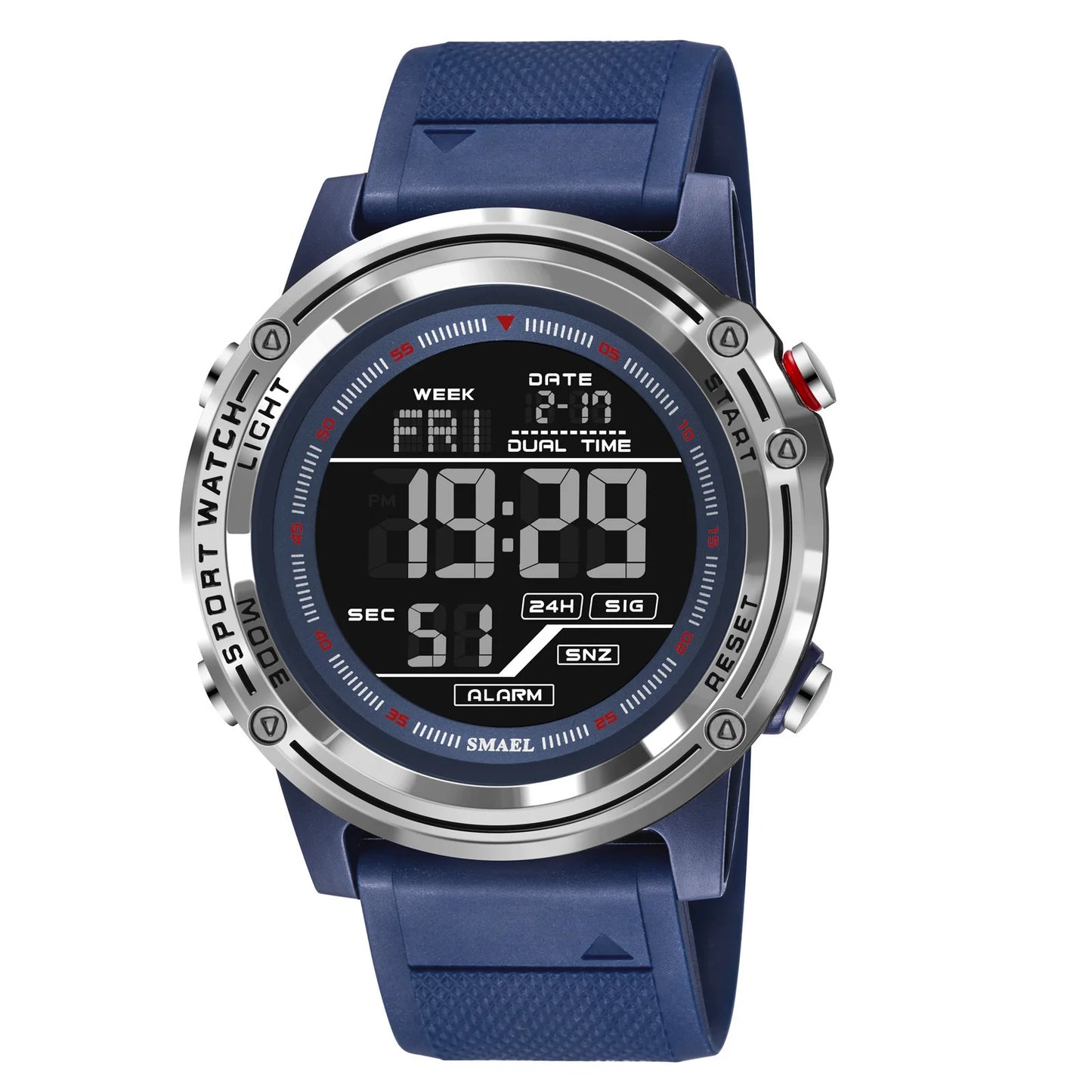Blue digital sports watch with a white background