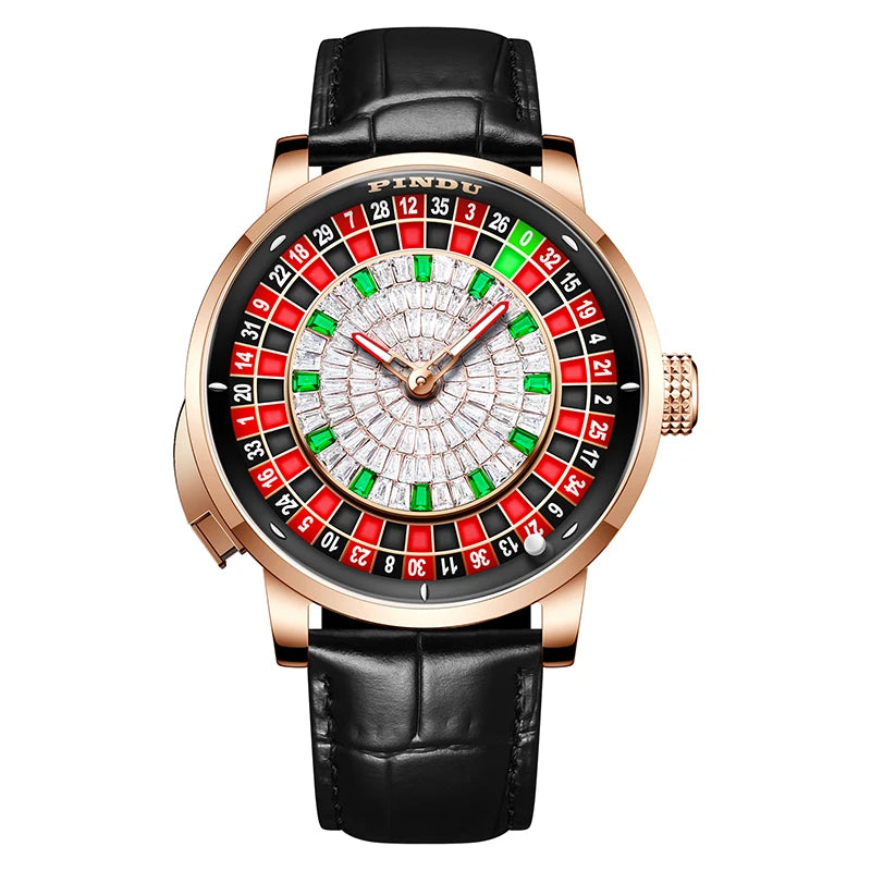 PINDU Players Gambling Series Men's Mechanical Watch European Roulette Poker Game Dial Automatic Movement Design Party Watch