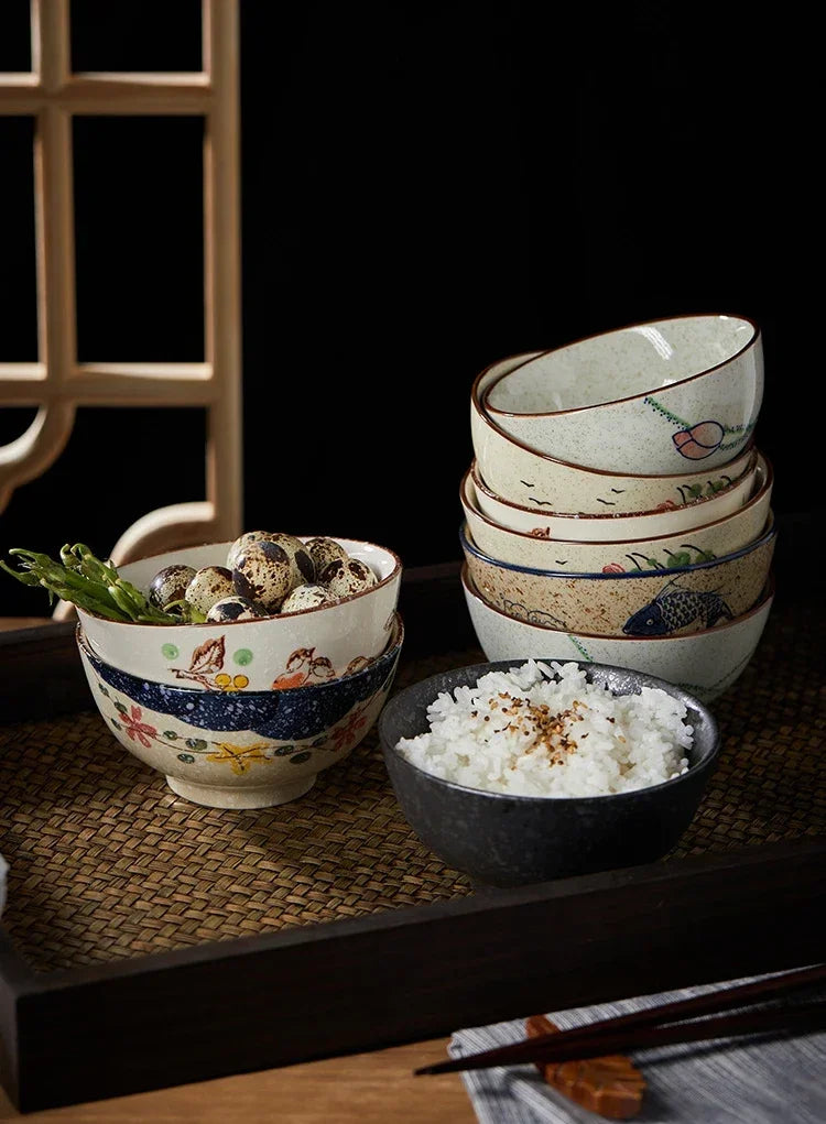 4.5-inch Ceramic Household Rice Bowl Japanese Retro Restaurant Home Tableware Eating Dishes Soup Bowl