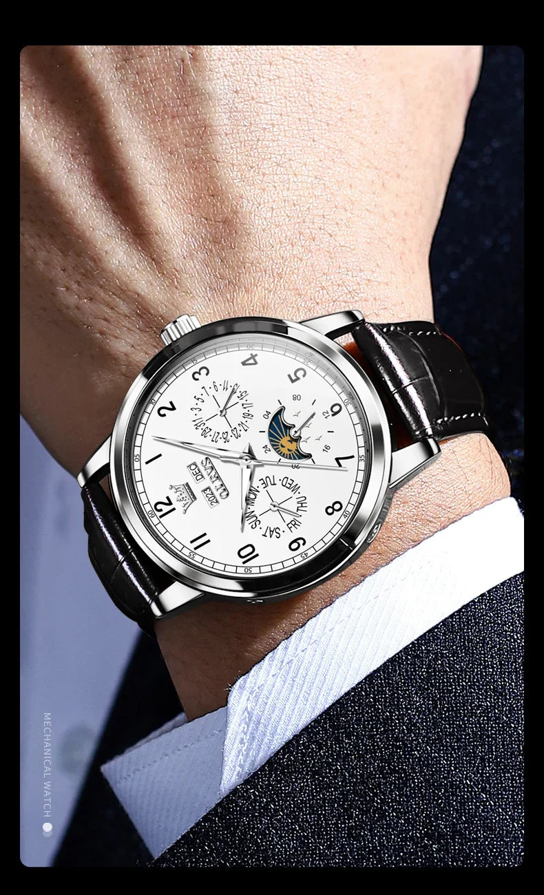 Olevs 6698 automatic watch luxury leather strap calendar waterproof luminous moon phase mechanical watch men