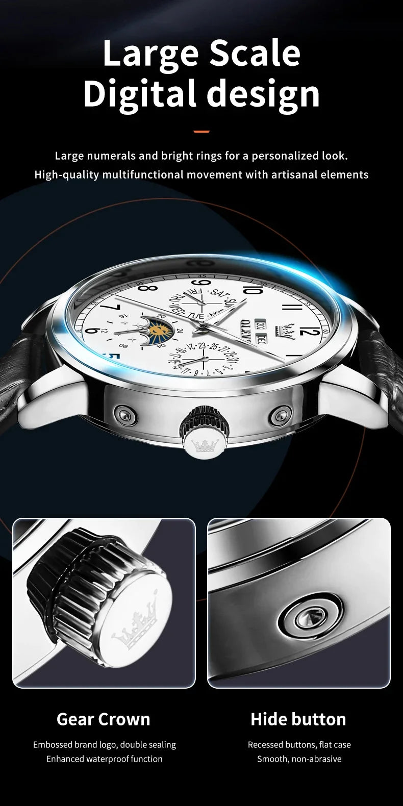Olevs 6698 automatic watch luxury leather strap calendar waterproof luminous moon phase mechanical watch men