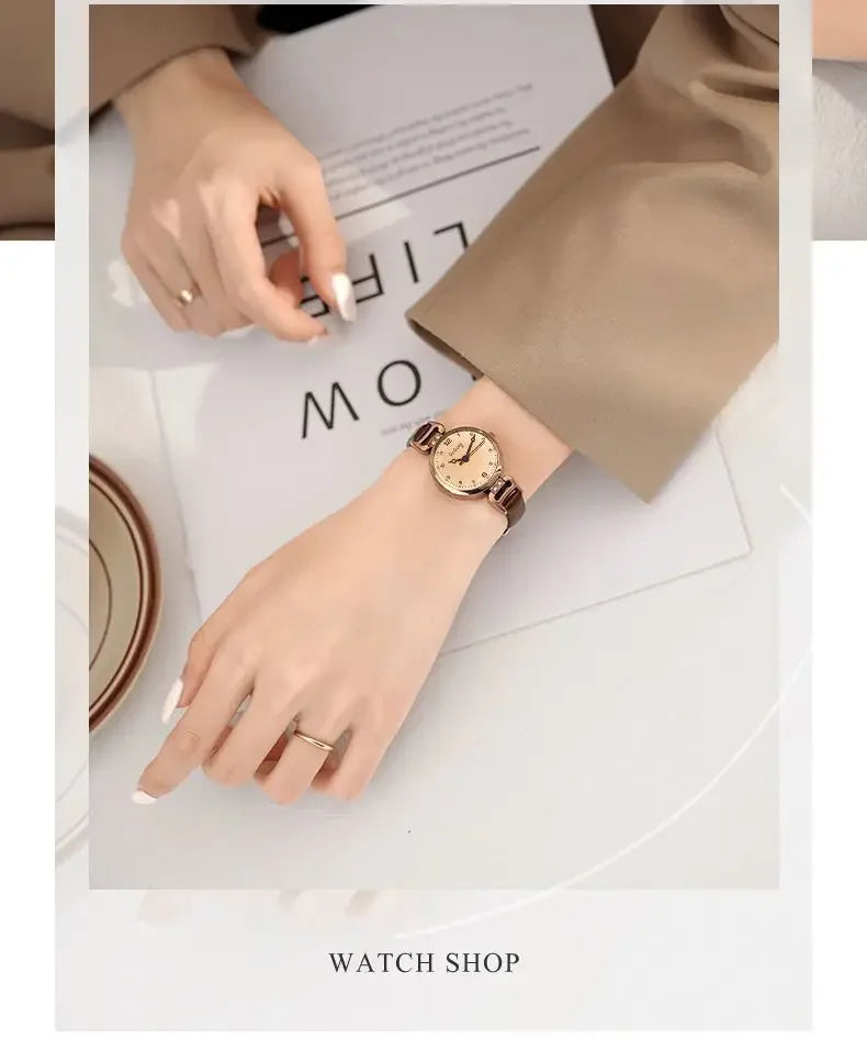 Retro High-end Round Dial Quartz Watches for Women PU Leather Strap Wristwatches Fashion Simple Temperament Girls Watch Gifts