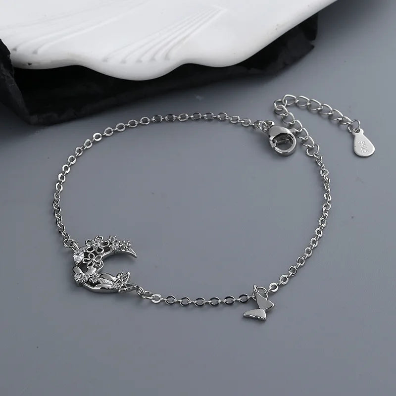 VENTFILLE 925 Silver Diamond-Studded Butterfly Bracelet Women's Fashion Temperament Flower Adjustable Bracelet