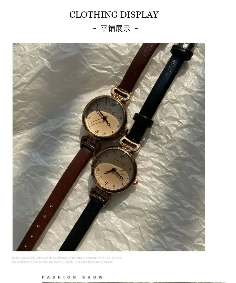 Retro High-end Round Dial Quartz Watches for Women PU Leather Strap Wristwatches Fashion Simple Temperament Girls Watch Gifts