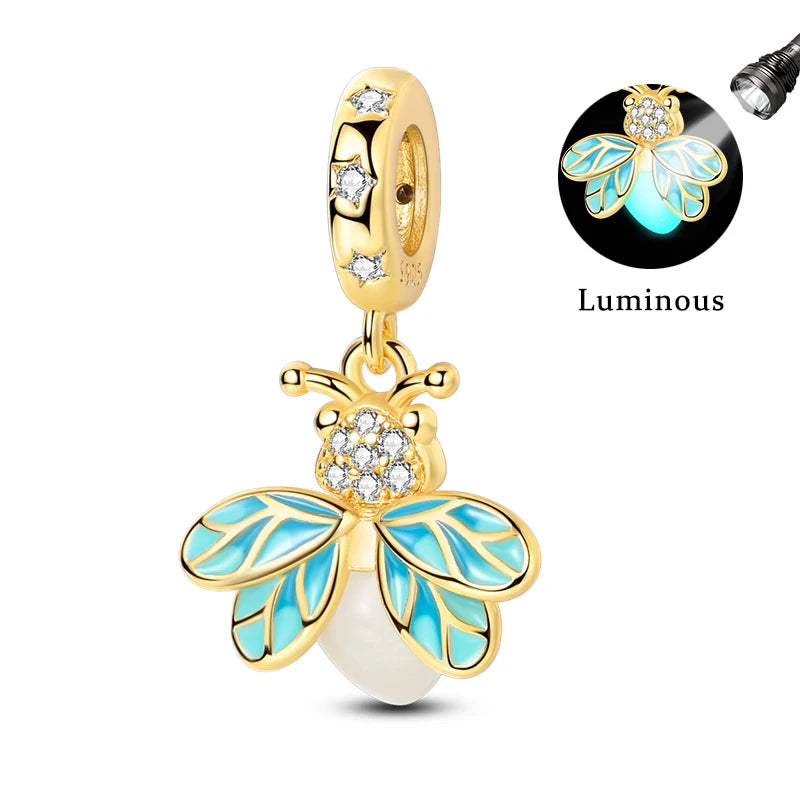 100% 925 Sterling Silver Creative Blue Luminous Firefly Charms Pendants Fit Qikaola 925 Original Bracelets DIY Birthday Jewelry