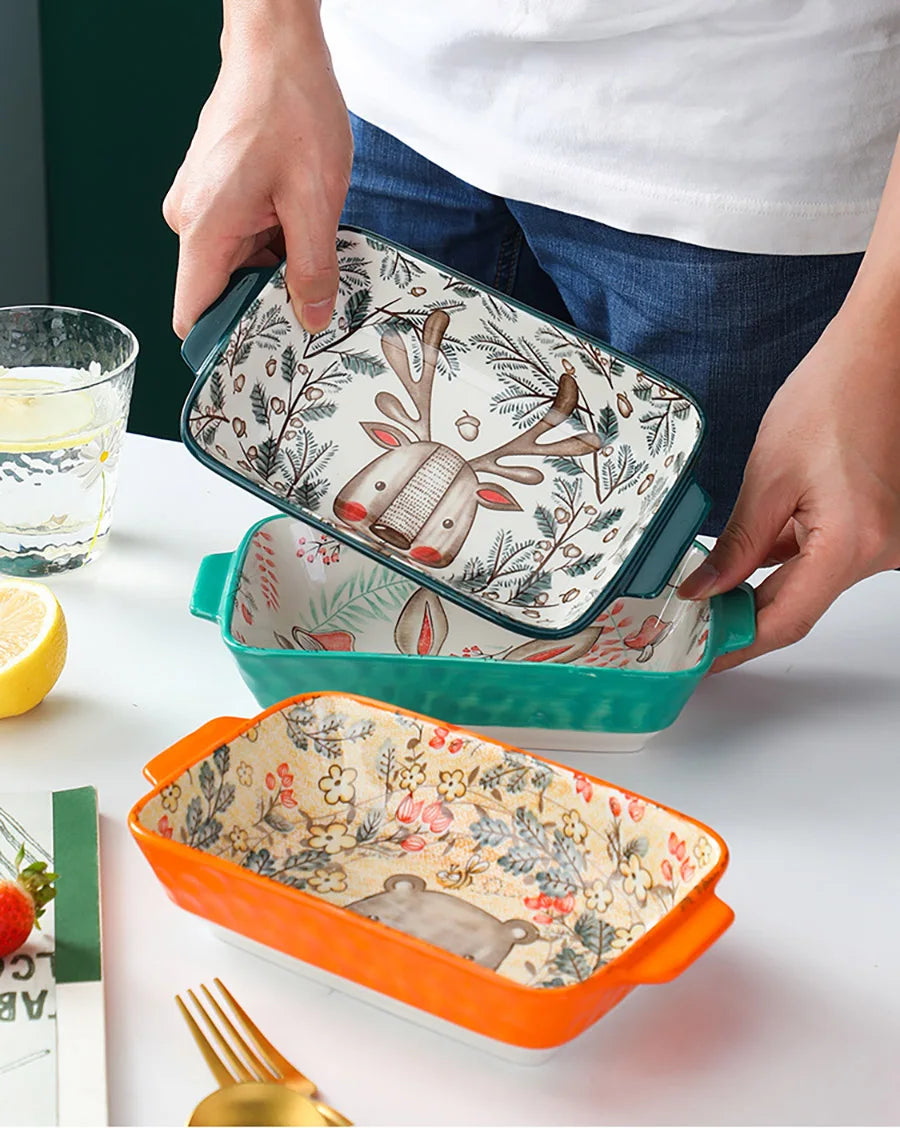 Ceramic Bakeware With Handle Forest Animals Baking Pan Underglaze Kitchen Tableware Salad Bowl Au Gratin Dishes