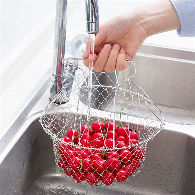 1PC Stainless Steel Deep Fry Basket Telescopic Foldable Frying Basket Kitchen Wire Mesh French Chip Frying Serving