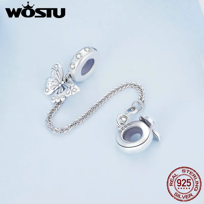 WOSTU 925 Sterling Silver Amimal Safety Chain Heart Key Flower Pendant CZ Charms Stopper Fit Original Bracelet DIY Fine Jewelry