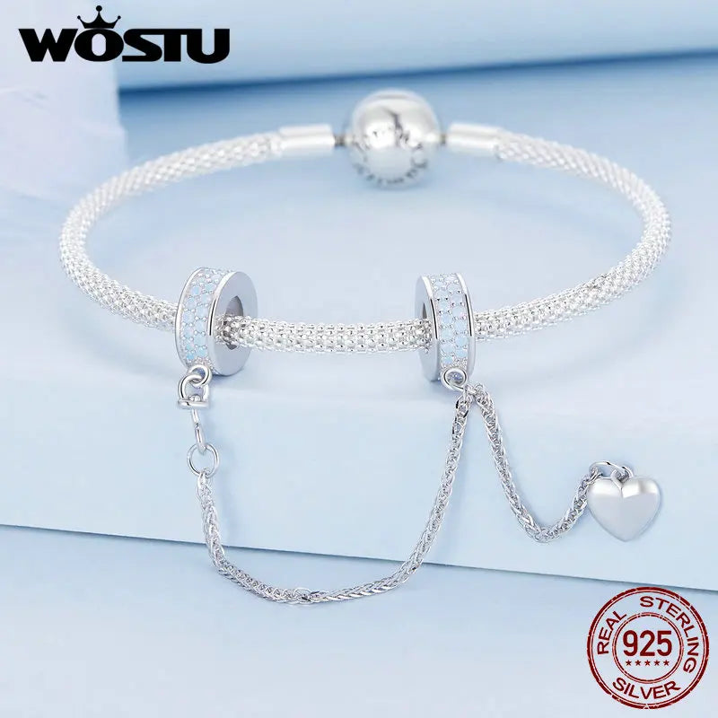 WOSTU 925 Sterling Silver Amimal Safety Chain Heart Key Flower Pendant CZ Charms Stopper Fit Original Bracelet DIY Fine Jewelry