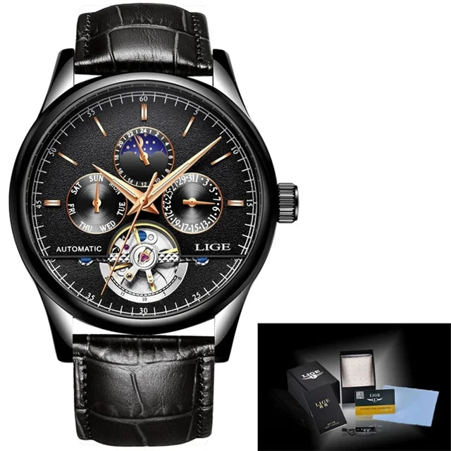 New LIGE Tourbillon Watches 50M Waterproof Men Mechanical Watches Automatic Wrist Watches Date Week Clock Gift Relogio Masculino