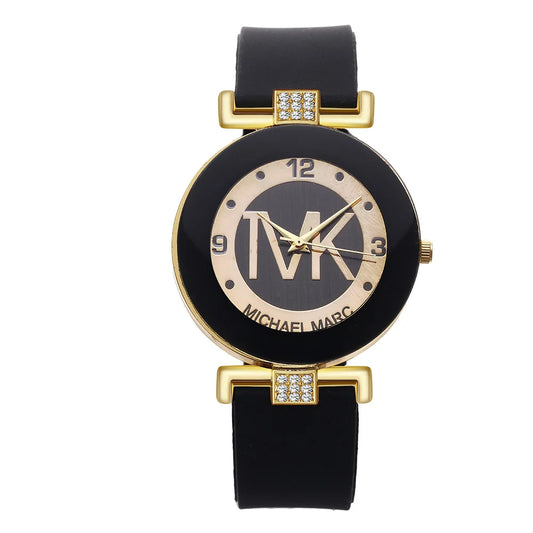 Black watch with gold accents and 'MK' logo on a white background
