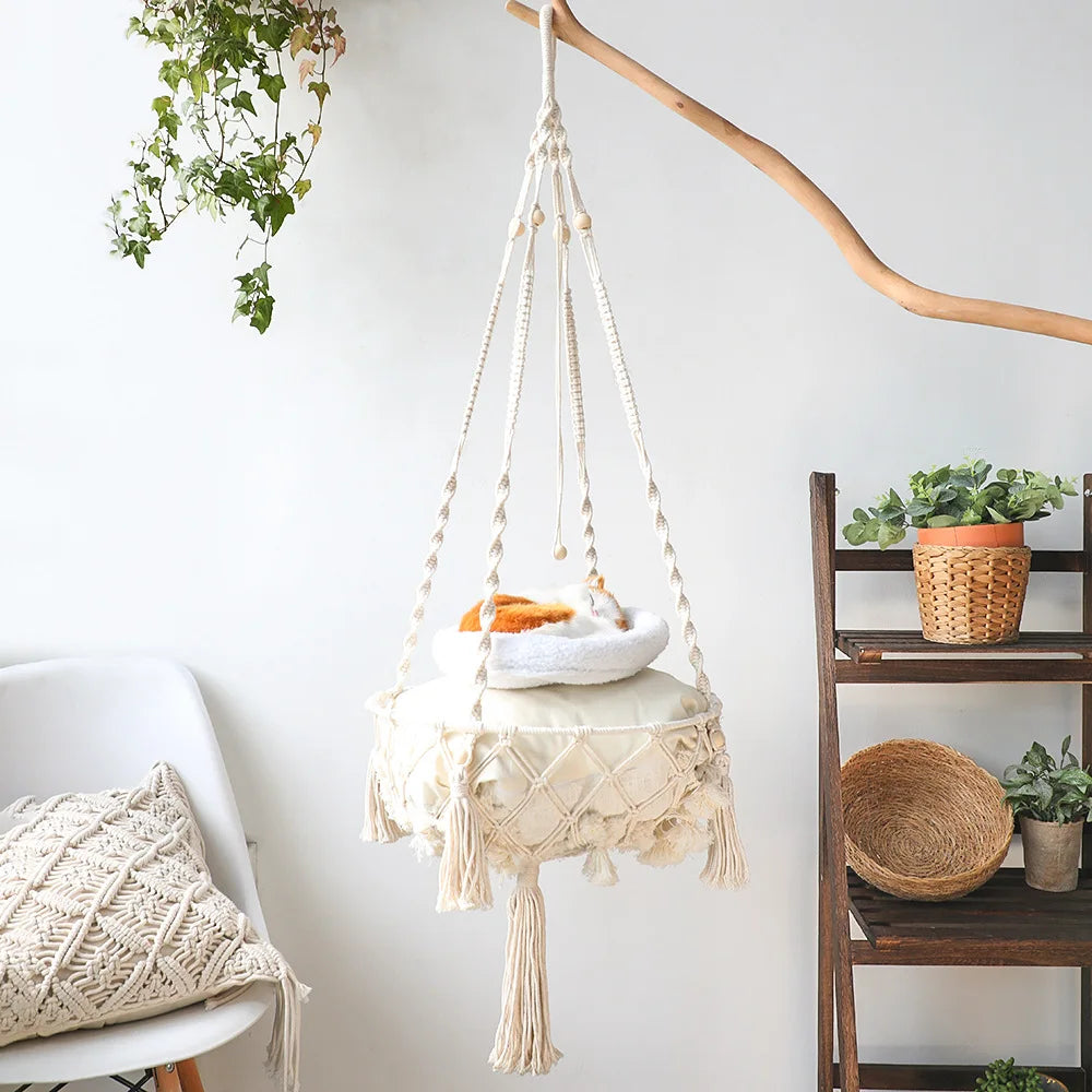 Bohemian Handmade Cat Hammock - 40cm Macrame Cotton Rope Swing