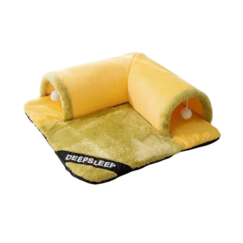 2-in-1 Cat Tunnel & Bed - Detachable Warm House with Non-Slip Play Mat