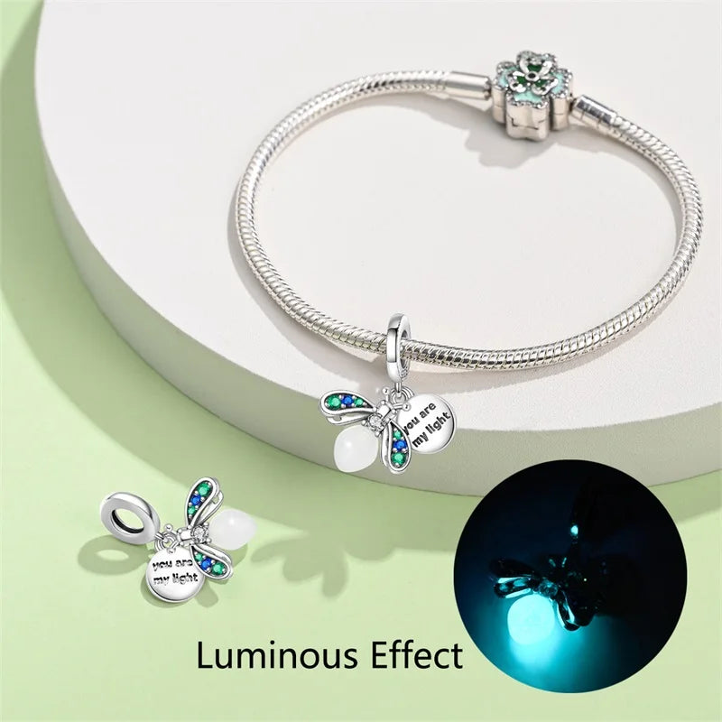 100% 925 Sterling Silver Creative Blue Luminous Firefly Charms Pendants Fit Qikaola 925 Original Bracelets DIY Birthday Jewelry