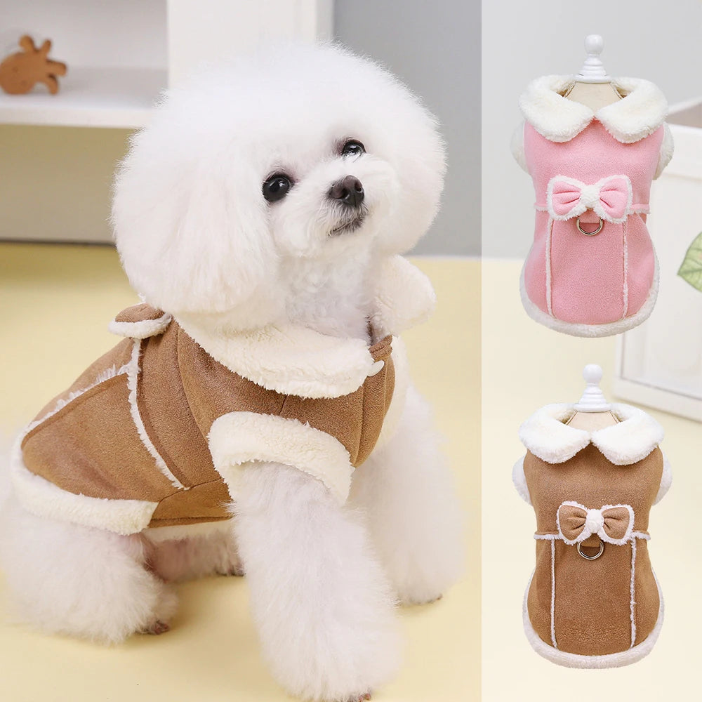 Cozy Winter Dog Jacket with Bow - Warm Plush Coat for Small Dogs
