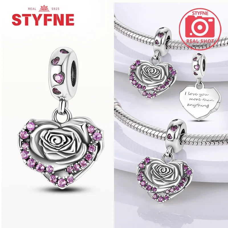 925 Silver Rose Pink Flower Shiny Zircon Charm Beads For Original Charms Original Bracelet for Women DIY fine Jewelry Gift