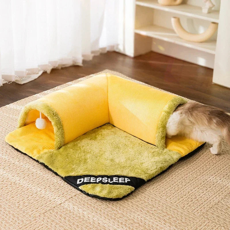 2-in-1 Cat Tunnel & Bed - Detachable Warm House with Non-Slip Play Mat