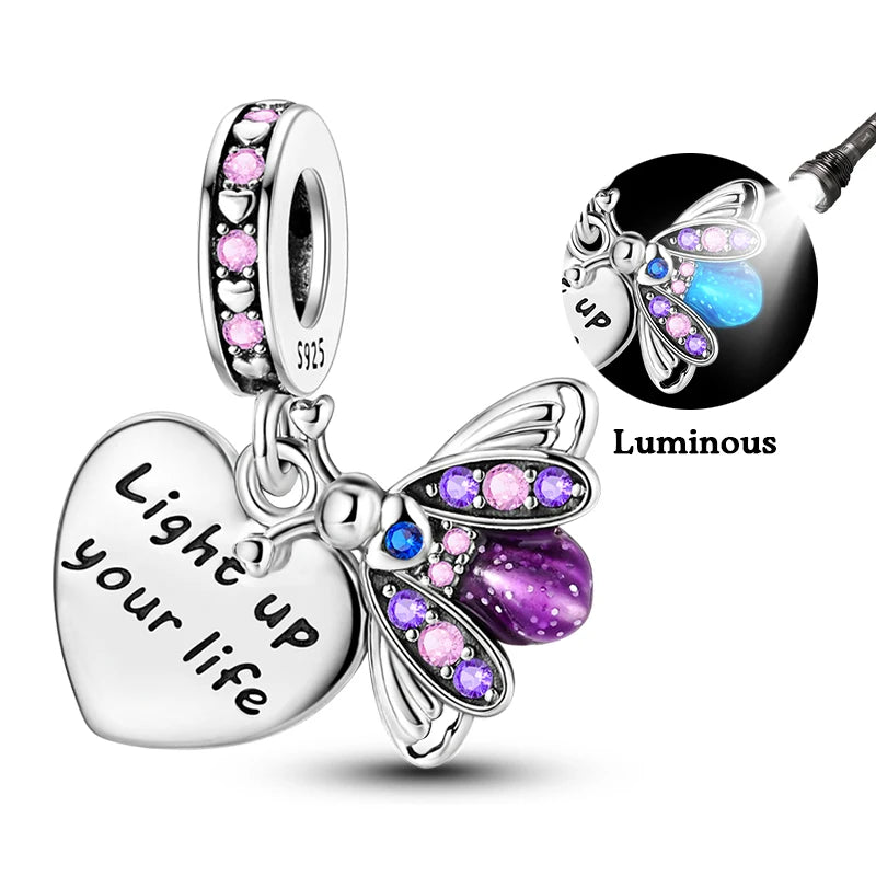 100% 925 Sterling Silver Creative Blue Luminous Firefly Charms Pendants Fit Qikaola 925 Original Bracelets DIY Birthday Jewelry