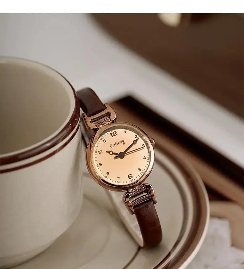 Retro High-end Round Dial Quartz Watches for Women PU Leather Strap Wristwatches Fashion Simple Temperament Girls Watch Gifts