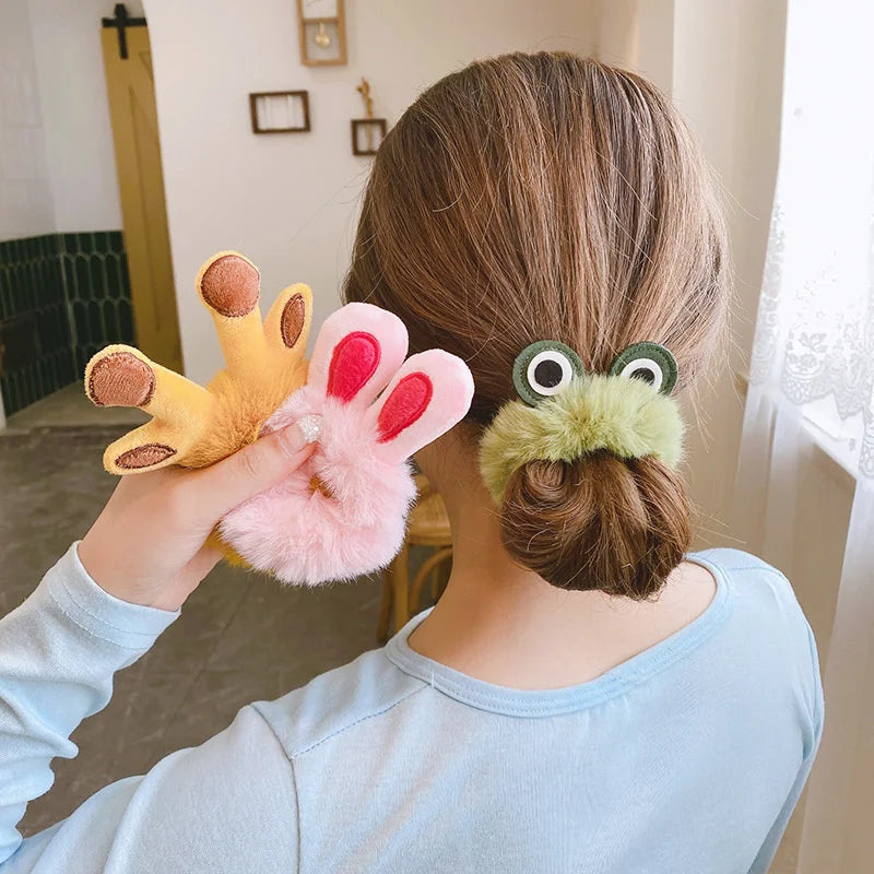 1PC 3D Plush Bunny Ear Hair Ties for Girls & Women