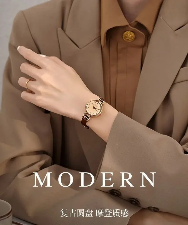 Retro High-end Round Dial Quartz Watches for Women PU Leather Strap Wristwatches Fashion Simple Temperament Girls Watch Gifts