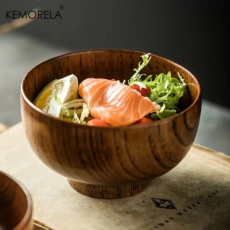 1PCS Natural Wooden Rice Bowl Household Salad Ice Cream Fruit Wooden Bowl Kitchen Food Storage Tableware