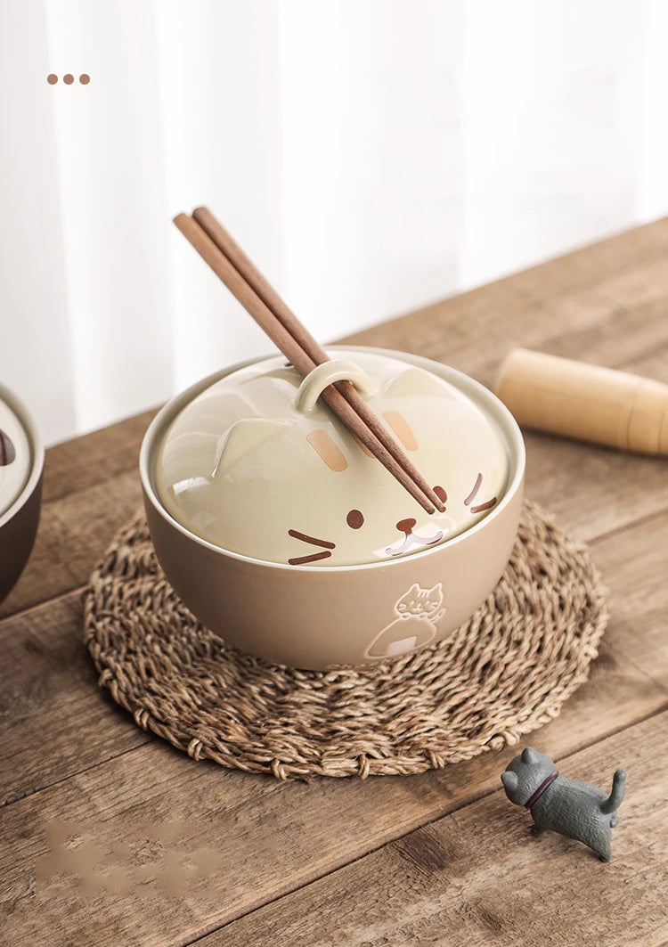 Japanese Creative Ceramic Soup Bowl Cute Cartoon Animals with Lid Cat Bowl Household Instant Noodles Bowl Rice Bowl Tableware
