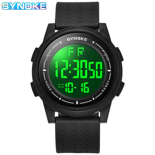 SYNOKE digital watch with black strap and green display on a white background