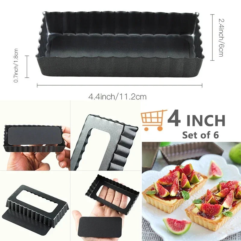 6pcs Round Square 4 Inch Molds with Removable Bottom Non-Stick Tart Quiche Flan Pan Carbon Steel Cake Baking Form Bakeware Tool