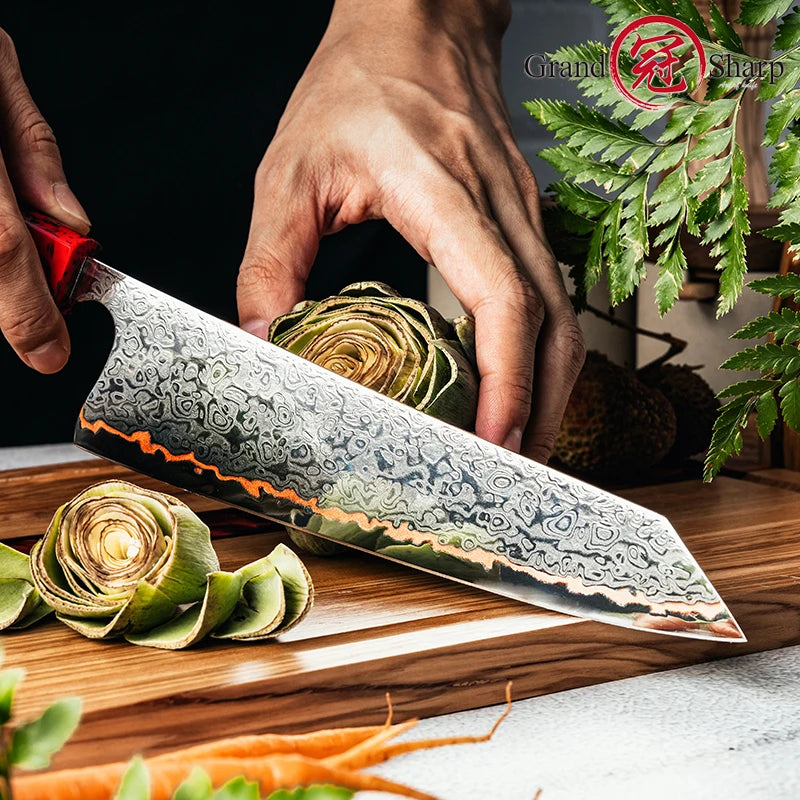 Grandsharp 55 Layers Copper Damascus Steel 8 Inch Kiritsuke Knife Red Resin + Carbon Fiber Handle Meat Vegetables Chef's Knives