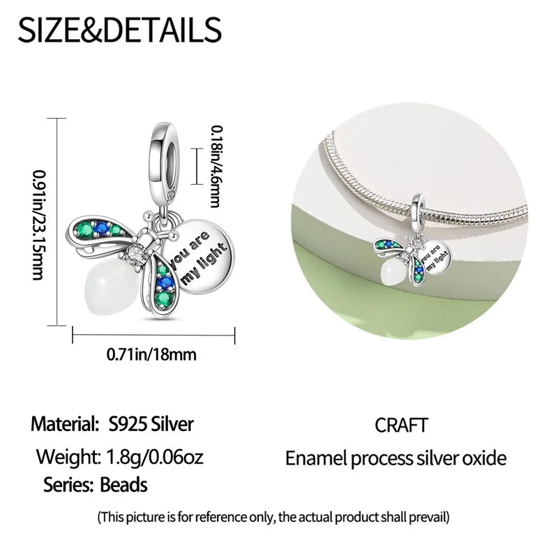 100% 925 Sterling Silver Creative Blue Luminous Firefly Charms Pendants Fit Qikaola 925 Original Bracelets DIY Birthday Jewelry
