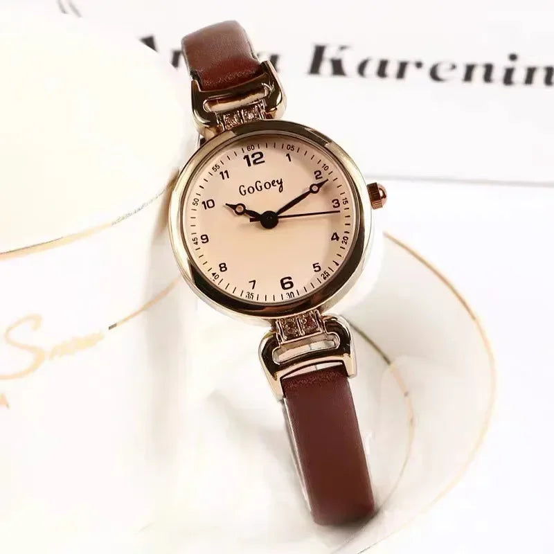 Retro High-end Round Dial Quartz Watches for Women PU Leather Strap Wristwatches Fashion Simple Temperament Girls Watch Gifts