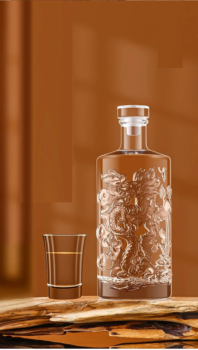 Dragon Engraved 500ML Round shaped whiskey decanter barware Alcohol Bottle for Liquor Scotch Bourbon