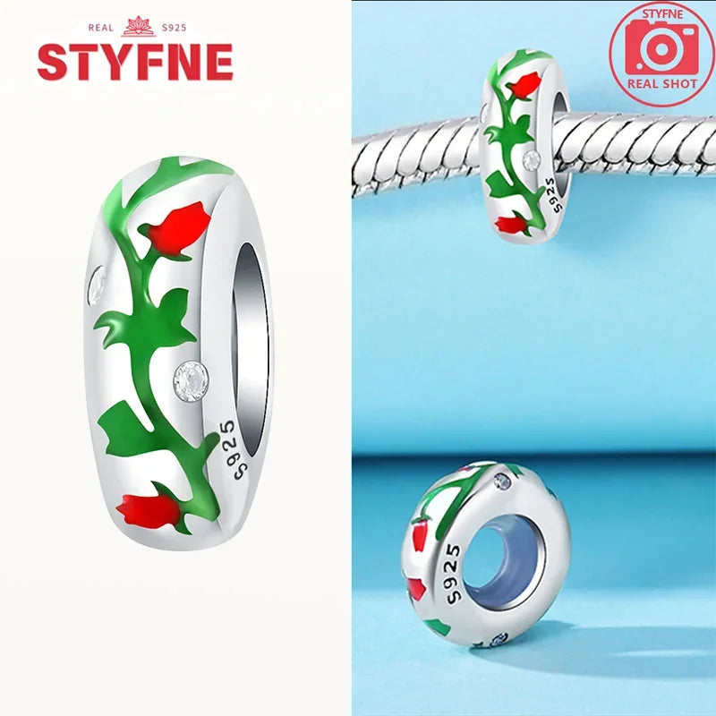 925 Silver Rose Pink Flower Shiny Zircon Charm Beads For Original Charms Original Bracelet for Women DIY fine Jewelry Gift