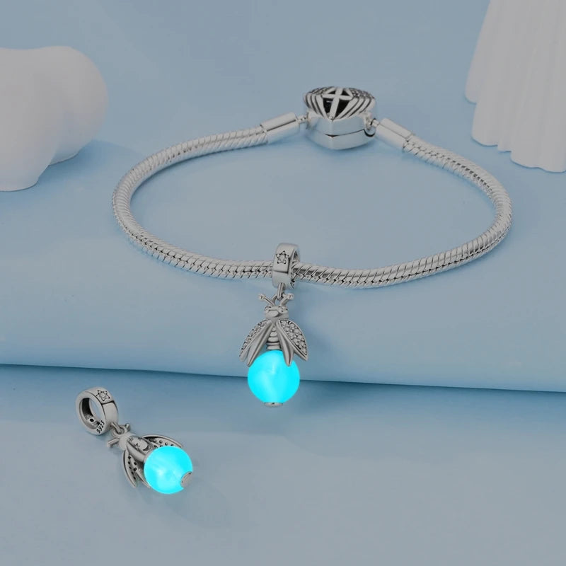 100% 925 Sterling Silver Creative Blue Luminous Firefly Charms Pendants Fit Qikaola 925 Original Bracelets DIY Birthday Jewelry