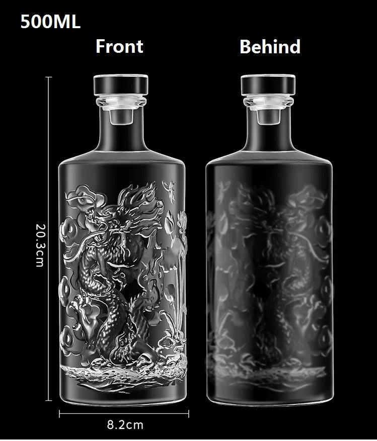 Dragon Engraved 500ML Round shaped whiskey decanter barware Alcohol Bottle for Liquor Scotch Bourbon