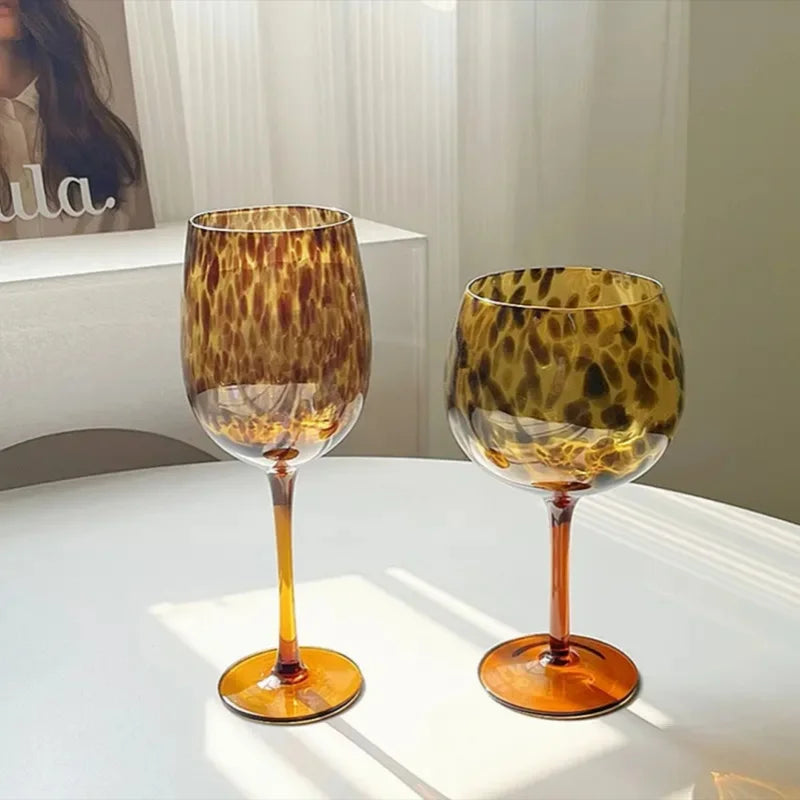 Wine Glass Vintage Leopard Print Glass Cup Burgundy Bordeaux Art Goblet Cocktail Whisky Wine Drinkware Home Kitchen Accessories