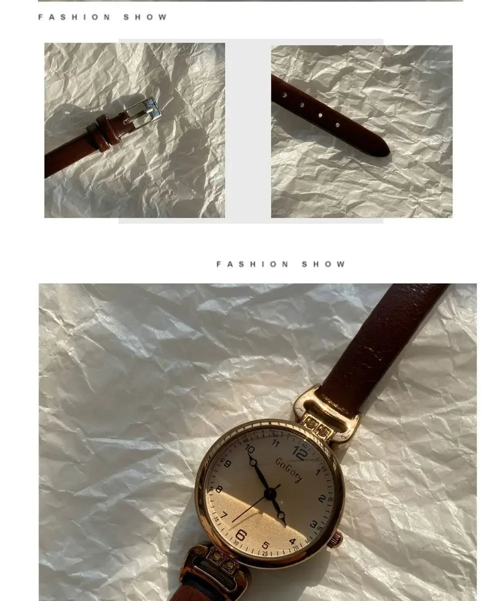 Retro High-end Round Dial Quartz Watches for Women PU Leather Strap Wristwatches Fashion Simple Temperament Girls Watch Gifts