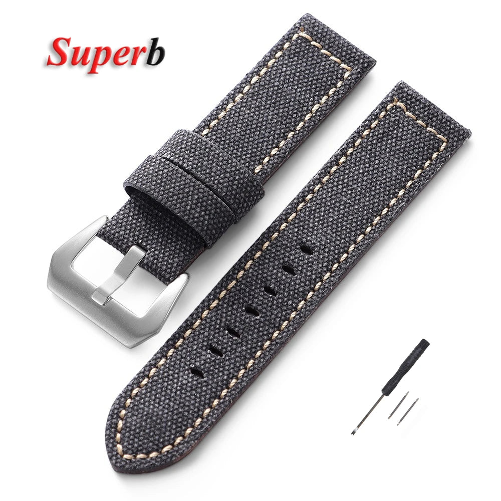 Canvas Leather Watchband for Panerai 20 22 24mm Black Brown Denim Thick Retro Strap Military Watchband Men Women Wristbelt