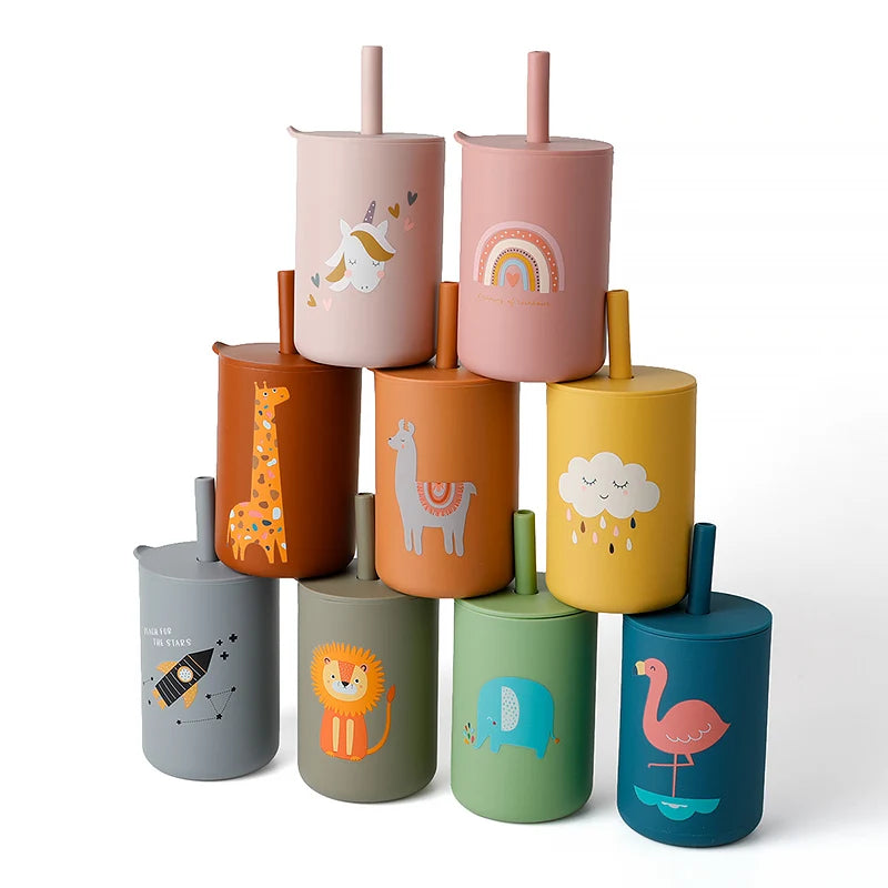 Baby Feeding Drinkware Straw Cup, Baby Learning Feeding Bottles, Anti-Hot Leakproof Silicone Tableware, Toddler Water Bottle