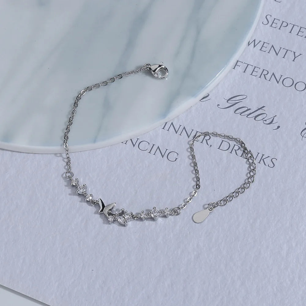 VENTFILLE 925 Silver Diamond-Studded Butterfly Bracelet Women's Fashion Temperament Flower Adjustable Bracelet