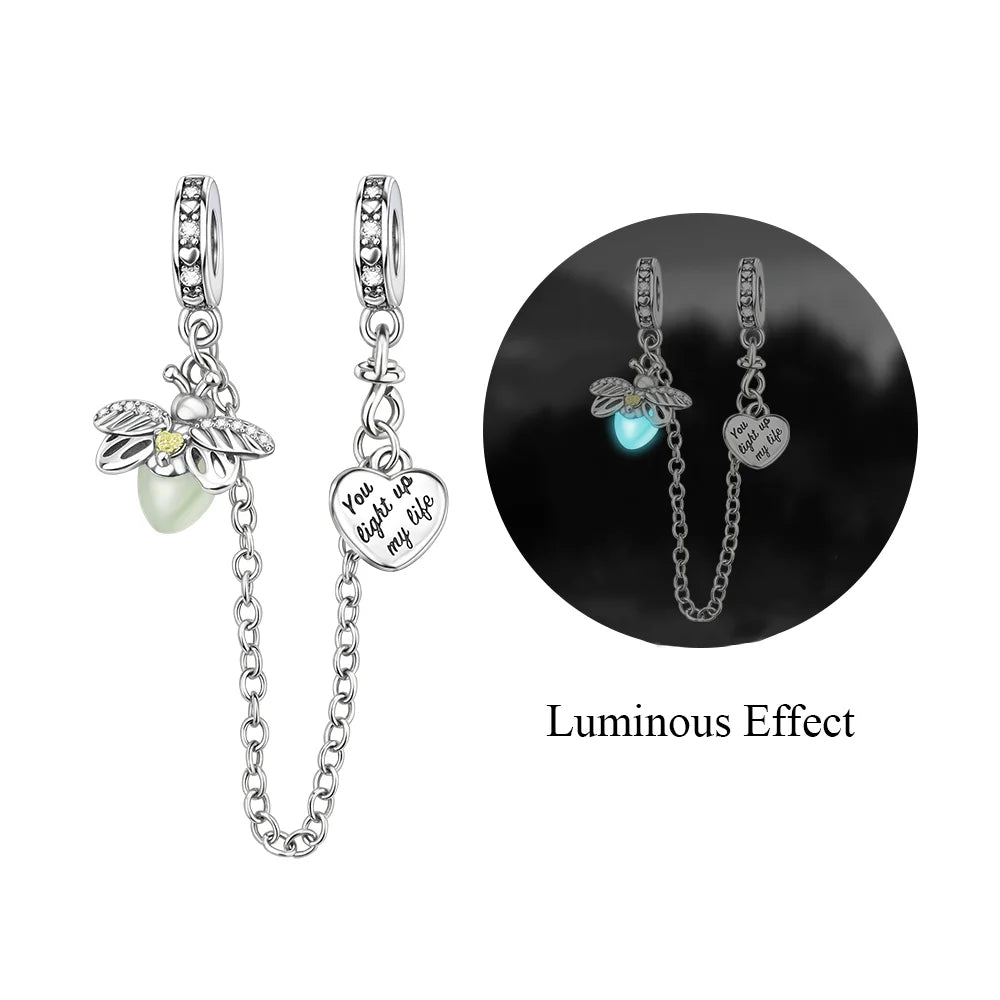 Authentic 925 Sterling Silver Luminous Firefly Charms Bee Light Bulb Beads Ring Earrings Fit Original Bracelets DIY Jewelry Gift