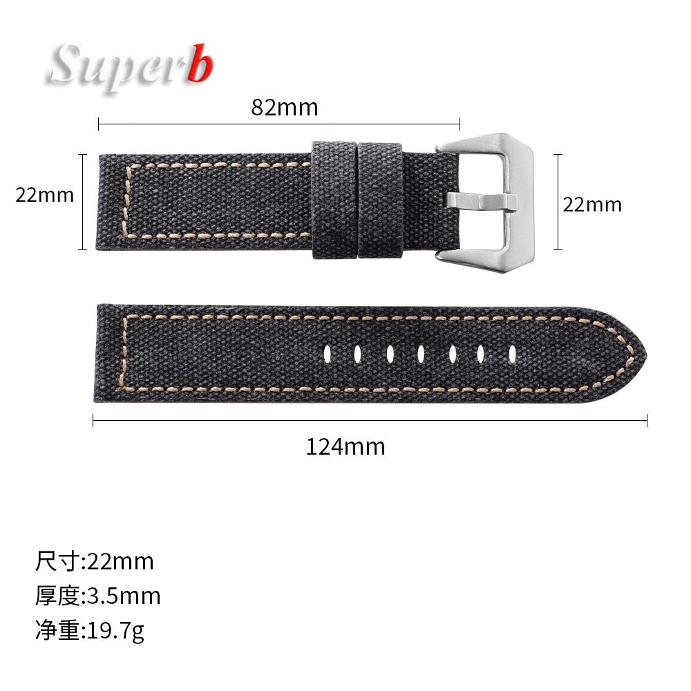 Canvas Leather Watchband for Panerai 20 22 24mm Black Brown Denim Thick Retro Strap Military Watchband Men Women Wristbelt