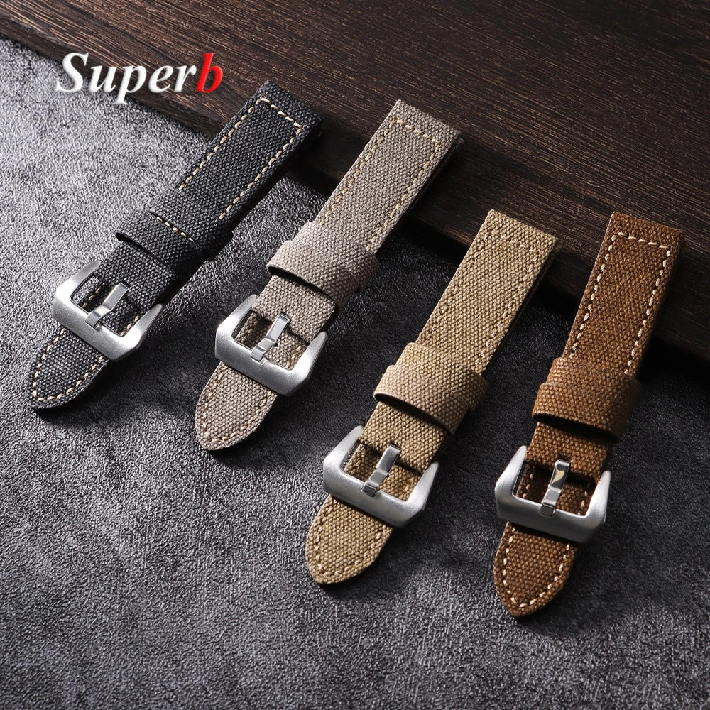Canvas Leather Watchband for Panerai 20 22 24mm Black Brown Denim Thick Retro Strap Military Watchband Men Women Wristbelt