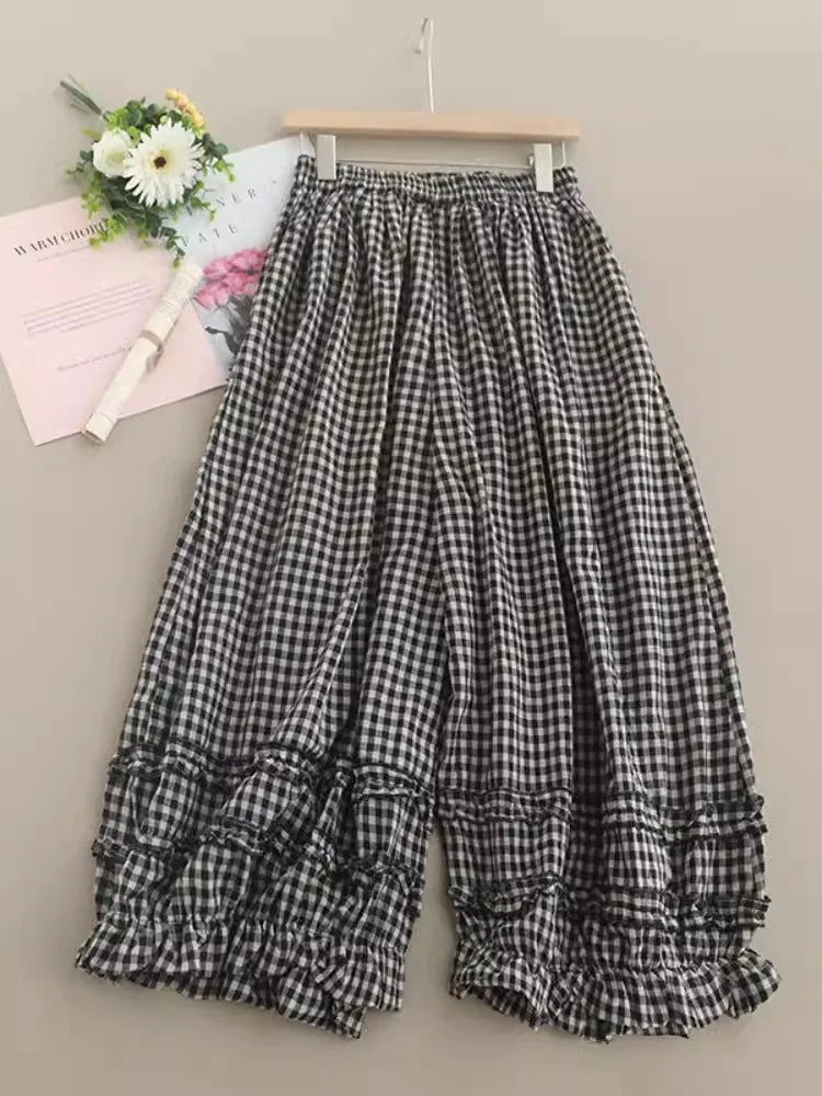 Vintage Literary Plaid Women Cotton Wide Leg Pants
