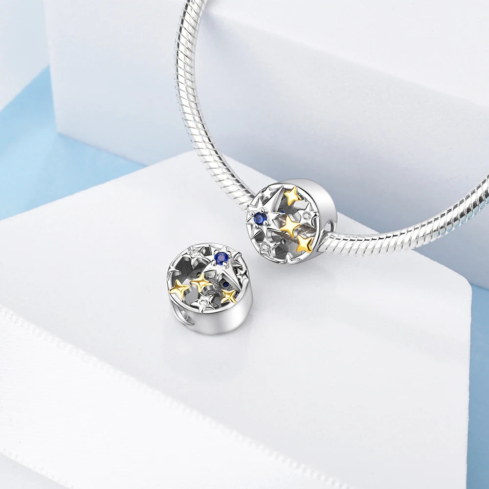 New 925 Sterling Silver Two Tone Golden Sunflower Lucky Stars Charm Fit Bracelet & Necklace Sun Moon Diamond Charm Jewelry DIY